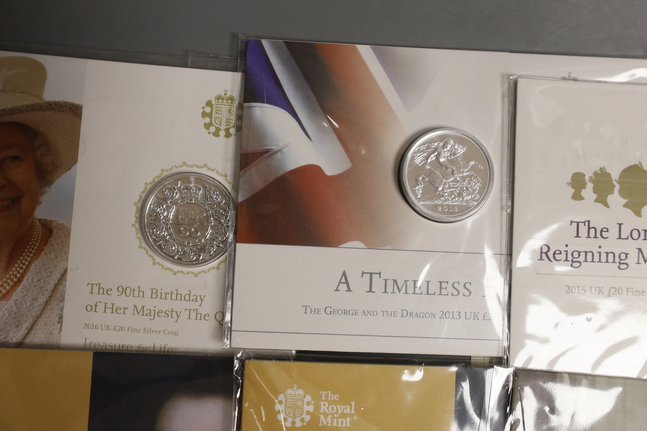 UK Royal Mint commemorative silver coins – two 2016 £50 coins and six £20 coins comprising 2013, 2014, 2 x 2015, 2 x 2016 (8)